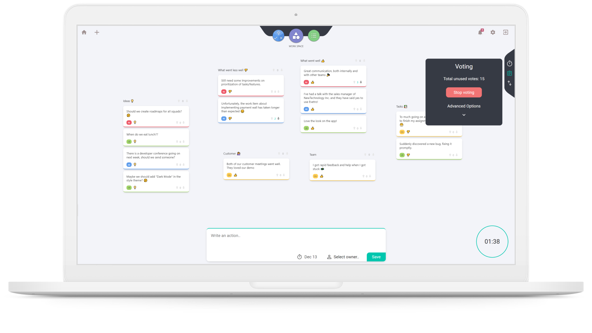 Picture of the workspace to tools like grouping, voting, timers, creating actions and more