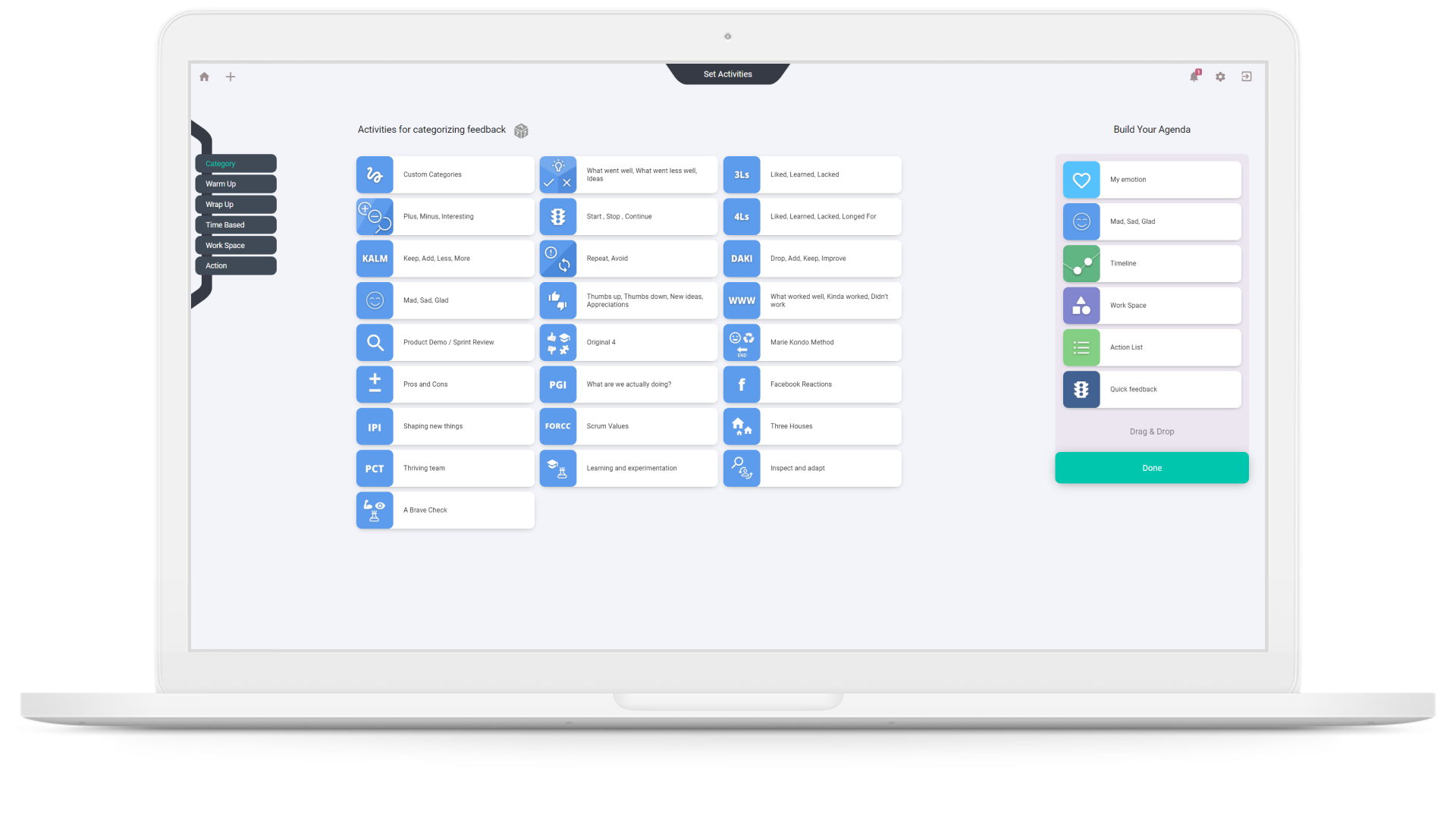 Picture custom acitivies and templates for retrospectives, demos, feedback sessions